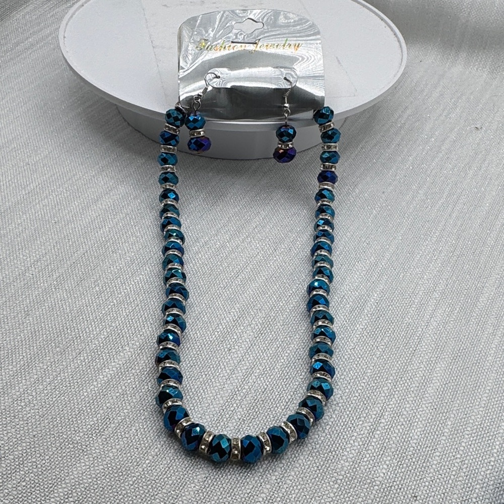 necklace & earring set clear rhinestone spacers blue beads magnetic clothes NEW
